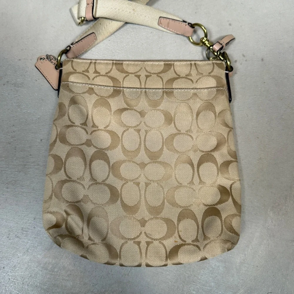 Coach Signature File Bag Khaki Teal Stripe Jacquard Crossbody Handbag